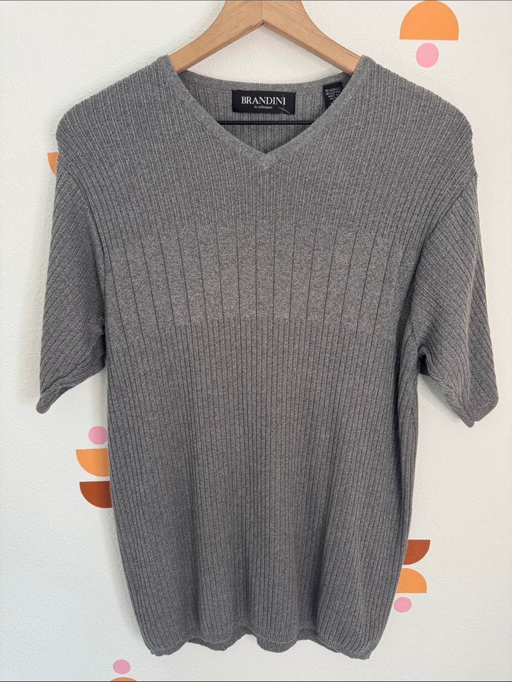 Brandini Ribbed V-Neck Short Sleeve Sweater - Heather Gray size Large Tall N0272 - Picture 1 of 4